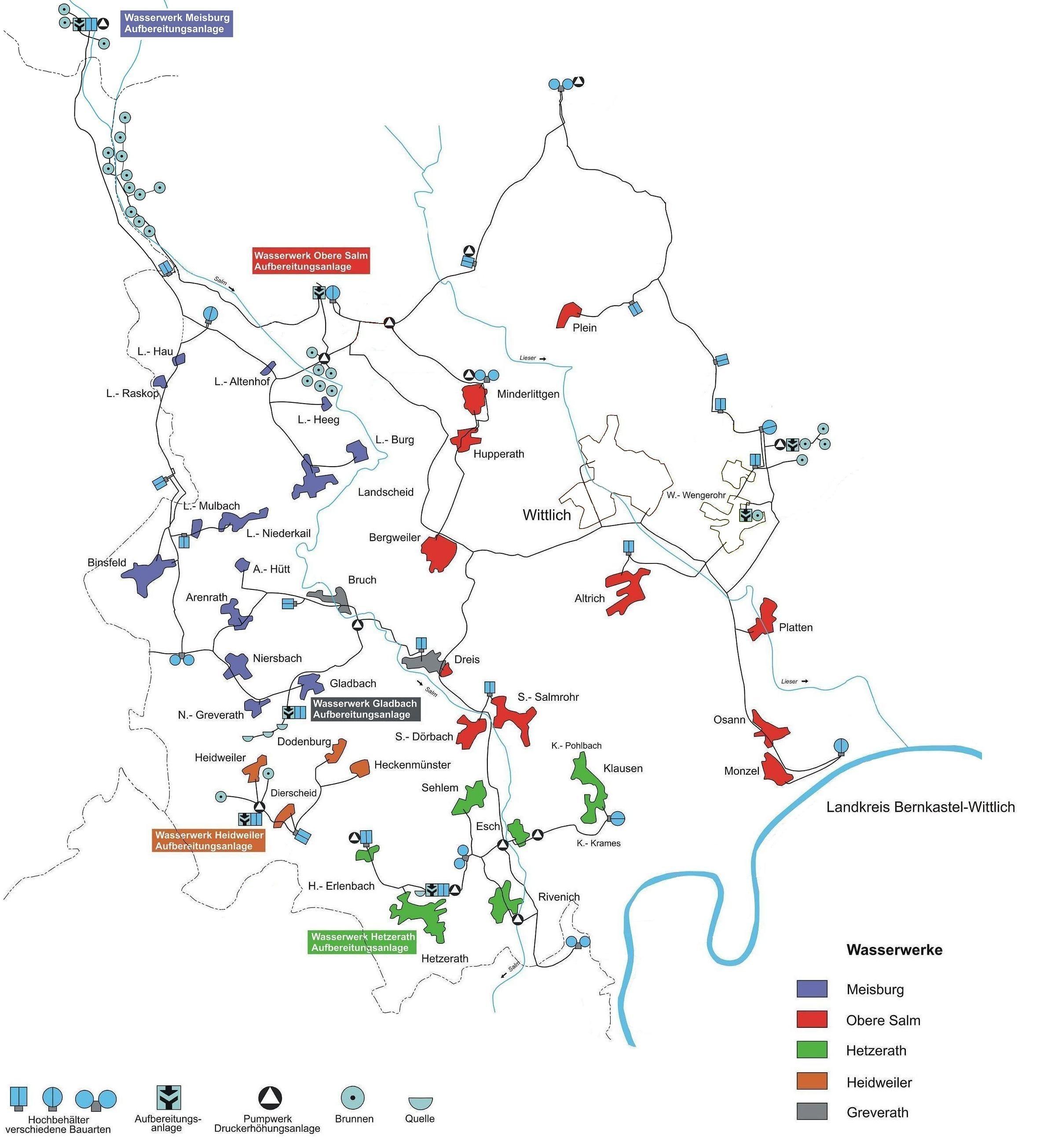 Karte über die Standorte der Wasserwerke der Verbandsgemeinde Wittlich-Land