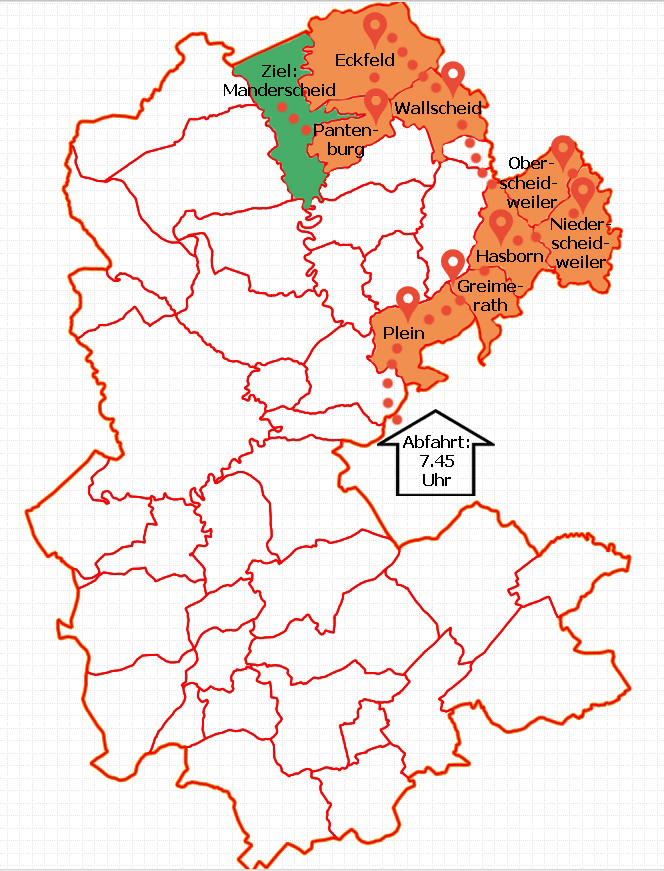 Karte der Gemeinden in Tour M1 Manderscheid Mittwochsvormittags