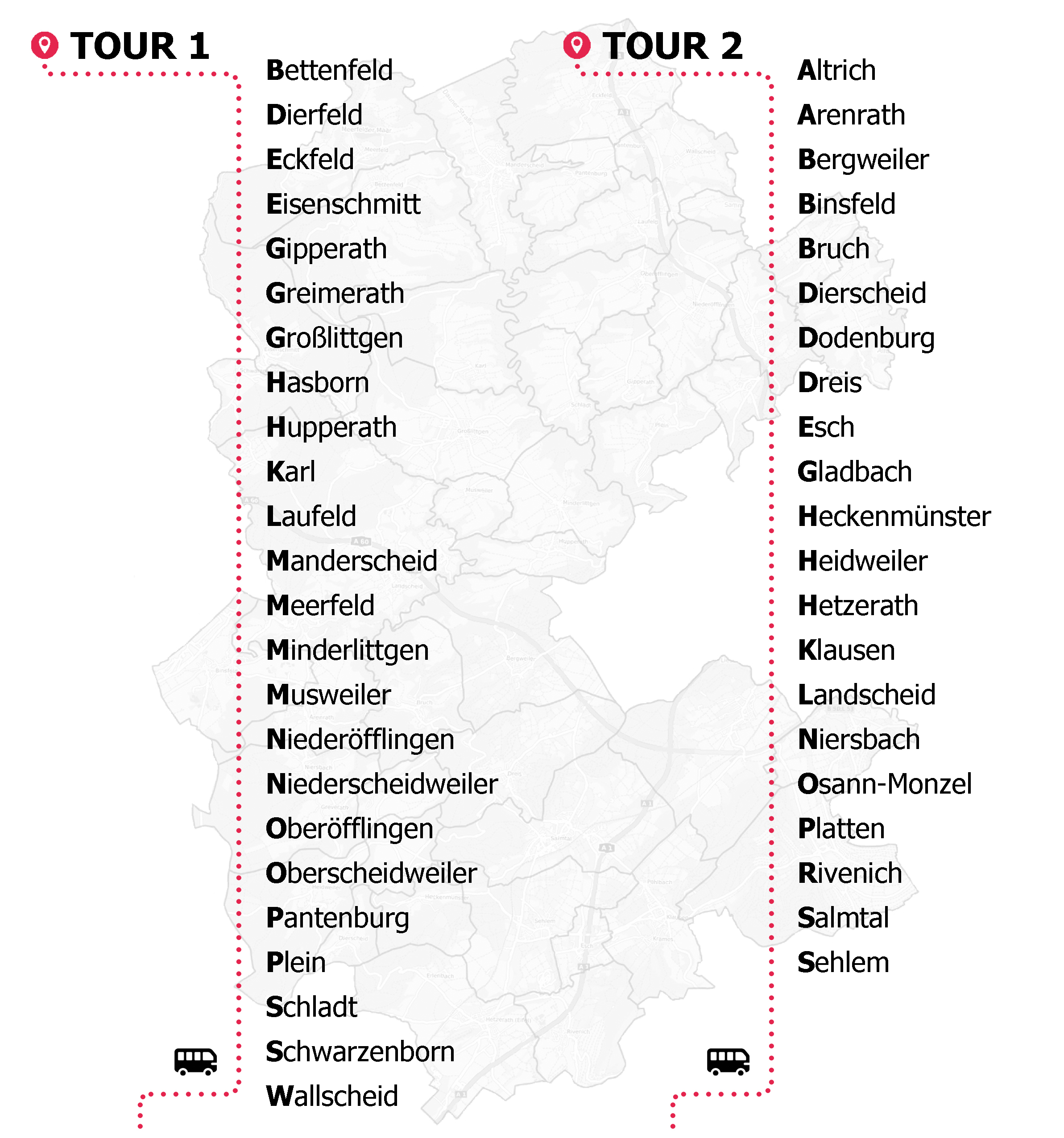 Auflistung der Gemeinden innerhalb der Tour 1 und der Tour 2